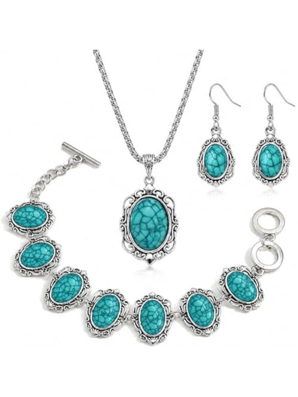 Western Turquoise Jewelry Sets, Vintage Silver Tone Oval Synthetic Stone